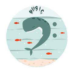 Cute whale as bass clef. Music concept. Vector illustration