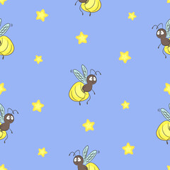 Seamless cartoon firefly pattern. Nursery print.  Vector illustration for kids