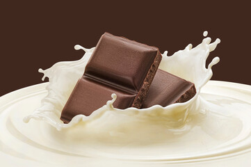 Falling chocolate bars in milk splash with copy space