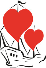 Doodle ship with heart shaped sails. Love concept. Romantic vector illustration