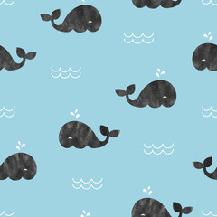 Seamless pattern with cute whales. Vector background for kids, nursery design
