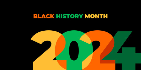 Black history month 2024 vector banner. Numbers with African colors. African-American History Month illustration for social media, card, poster on black background. - obrazy, fototapety, plakaty