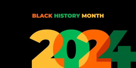 Foto op Canvas Black history month 2024 vector banner. Numbers with African colors. African-American History Month illustration for social media, card, poster on black background. © dsnovik