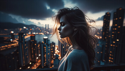 A woman standing on a balcony overlooking a cityscape at dusk. The wind gently tousles her hair, and the city lights twinkle below, reflecting her deep contemplation.
