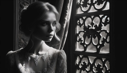 A beautiful woman in an antique room, her expression pensive as she looks out of a large ornate window. The light casts intricate shadows, highlighting her delicate features and elegant attire.