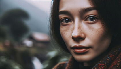 Photo close-up of the woman's face, capturing the subtle emotions in her eyes. The backdrop is blurred, focusing solely on her expressions, revealing a story untold.