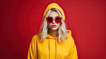 Stylish Contrast: Blonde Girl in a Yellow Hoodie and Bold Red Glasses