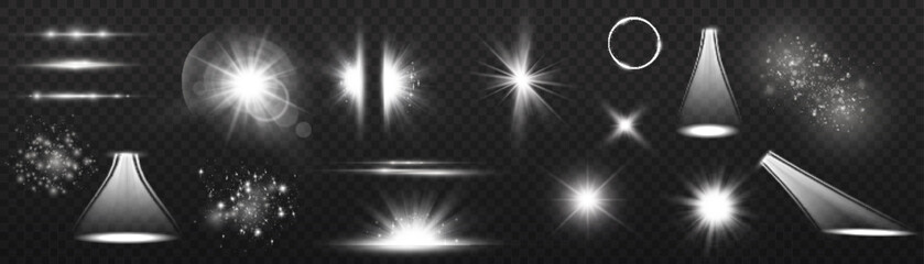 Light effect set. Glow isolated white transparent light effect set, lens flare, explosion, glitter, dust, line, sun flash, spark and stars, spotlight, curve twirl. Sunlight, abstract special effect.