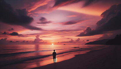 Photo of a serene beach at sunset. The horizon painted with shades of orange, pink, and purple. A solitary figure stands at the water's edge, looking out at the vast ocean, reflecting on the journey.