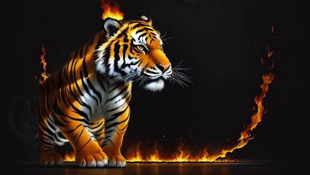 Abstract painting of a fiery tiger on a black background, tiger in the flames of fire