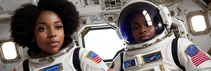 Afro woman astronaut in a space suit aboard the orbital station. A young female cosmonaut pilots a spaceship. Galactic travel and science concept. Banner