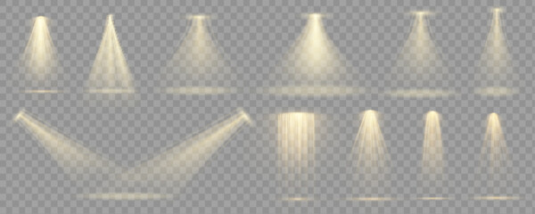 Stage light ray isolated on transparent background. Vector bright yellow glow scene spotlight effect. Shine vertical theater projector beam template for your creative design.