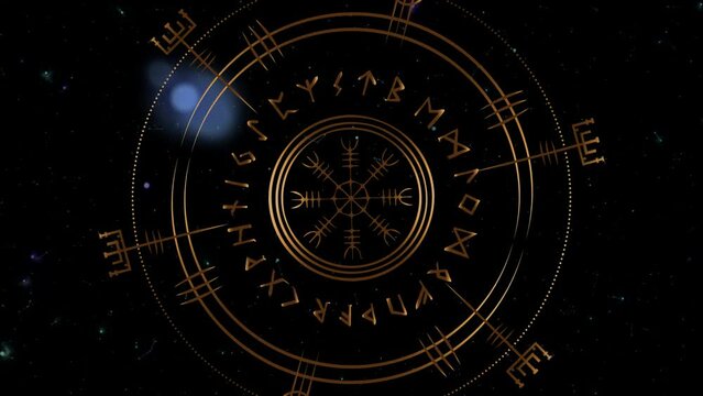 Vegvisir Pagan Runic Compass. Circle Asatru Viking in motion. Norse Mythology Golden Protective talisman. Magical Navigator footage on the black galaxy space