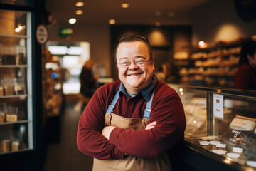 Cheerful man with Down syndrome standing in the doorway of a store