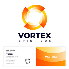 Vortex logo. The dynamic symbol consists of orange and yellow elements. Identity, business card.