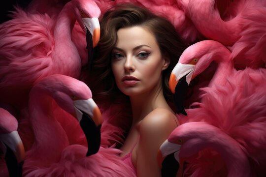 Pink flamingos with a woman positioned in front of them, resembling celebrity portraits. The image is captured in dark brown and light pink, showcasing portraiture photography.