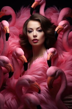 Pink flamingos with a woman positioned in front of them, resembling celebrity portraits. The image is captured in dark brown and light pink, showcasing portraiture photography.