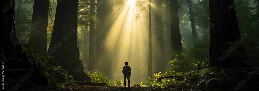 Wall mural ray of light in the forest, ai generated