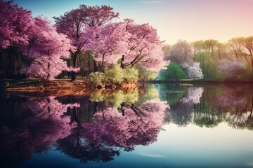 Spring scenery featuring cherry blossom trees and a serene lake surrounded by nature. Generative AI