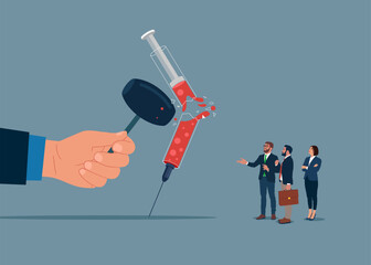 International Day against Drug Abuse. Hand with sledgehammers strongly to break a syringe. Vector illustration