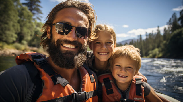 A happy family on a rafting trip, paddling together with smiles on their faces as they create unforgettable memories in the great outdoors
