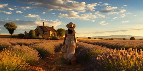 Fototapeta premium A woman walking in a quiet field near a country house in a beautiful dress and hat