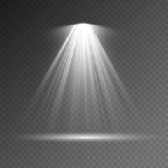 Set of Spotlight isolated on transparent background. Vector glowing light effect with white rays and beams. PNG. Vector illustration - obrazy, fototapety, plakaty