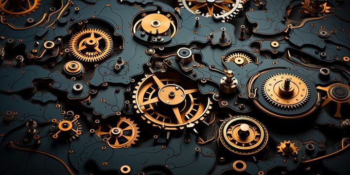 Wallpaper of a pattern of golden clock faces working together on a black background.