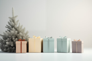 Minimalistic Scandinavian style New Year presents on white background with christmas tree, pastel...