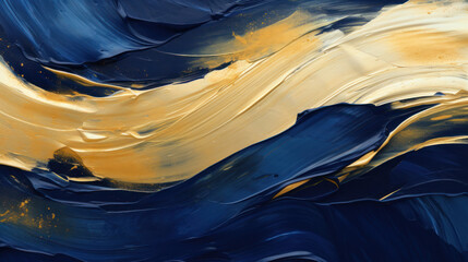 Abstract acrylic brush paint gold dark blue background with impasto texture. Luxury elegant oil...