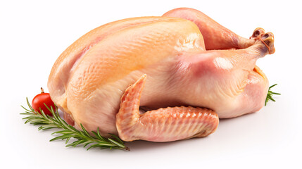 A closeup of an entire uncooked chicken, against a bright background, highlighting its freshness.