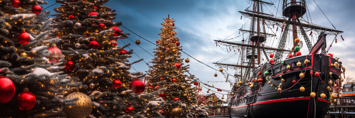 Wooden sailing ship decorated with Christmas ornaments at dock, Christmas trees, winter season, pirates, wide banner, copyspace