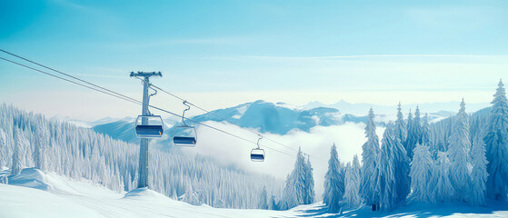 Empty Cabin of ski lift over snow capped mountain and forest. Ski or skiing background. Beautiful nature landscape. Panorama view. Winter vacation, resort. Generative ai