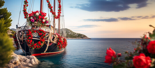 Wooden sailing ship decorated with red roses flowers and garlands, wide banner, copyspace - obrazy, fototapety, plakaty