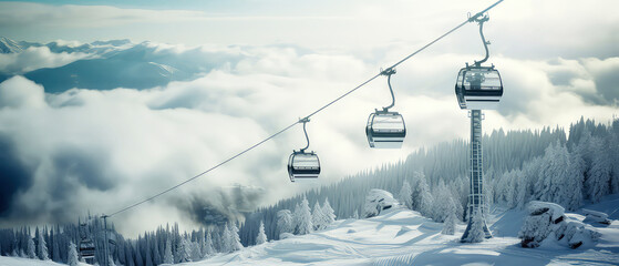 Empty Cabin of ski lift over snow capped mountain and forest. Ski or skiing background. Beautiful nature landscape. Panorama view. Winter vacation, resort. Generative ai