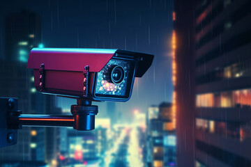 Security camera on modern building in rainy weather at night. Professional surveillance cameras. CCTV in the city. Security system, technology. Video equipment for safety system area control outdoor - obrazy, fototapety, plakaty