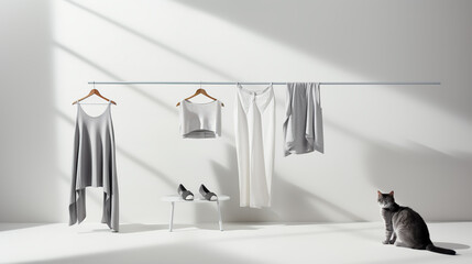 Simple white and grey clothes on wooden hangers and a cat in a spacious room filled with sunlight. Casual clothing on a metal rack, in a minimalist home, on white wall background. Copy space. - Powered by Adobe