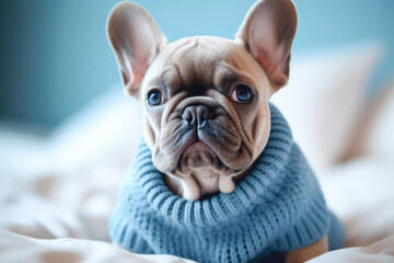 Cute French Bulldog in a blue sweater on the bed.	