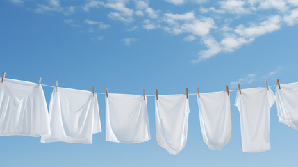 White clothes on a laundry line, on blue sky background with light clouds. Copy space.