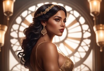 a close up of a woman in a golden dress with gold accents with golden floral crown, female in throne room with golden helix circle window on intricate background, wearing diadem with floral shape - obrazy, fototapety, plakaty