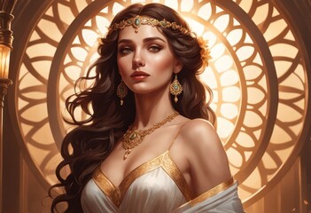 a close up of a woman in a golden dress with gold accents with golden floral crown, female in throne room with golden helix circle window on intricate background, wearing diadem with floral shape