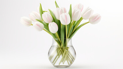 Seven Freshly Cut White Tulips in a Clear Glass Vase