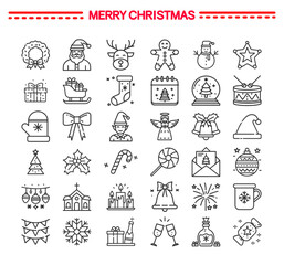 Christmas icon collection, winter holiday background, xmas decoration elements, noel ornaments, festive backdrop, vector illustration, outline icons set.