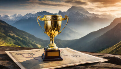 gold trophy sits on top of an old map with mountains in the background - obrazy, fototapety, plakaty