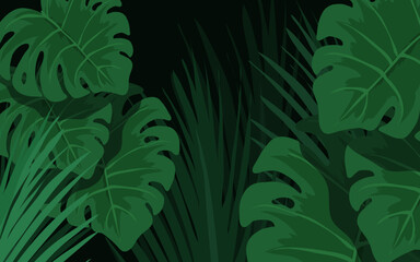 Fototapeta na wymiar Dark tropical background with jungle plants. Vector exotic pattern with palm leaves.