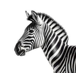 Fototapeta na wymiar Side view, portrait of zebra face to left side, isolated on transparent background, close up shot. 