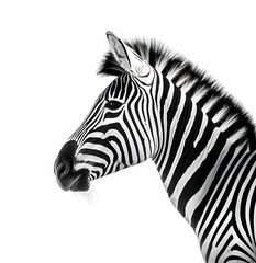 Side view, close up of zebra portrait, face to left side, isolated on transparent background. 