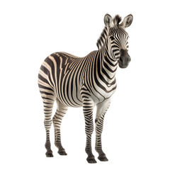 front view, Zebra stands against transparent background, facing to camera. 