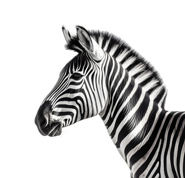 Side view,  portrait of zebra face to left side, isolated on transparent background, close up shot. 