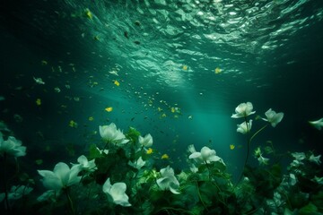 Green underwater with dancing petals. Generative AI
